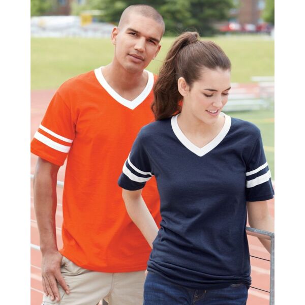 V-Neck Jersey with Striped Sleeves Thumbnail